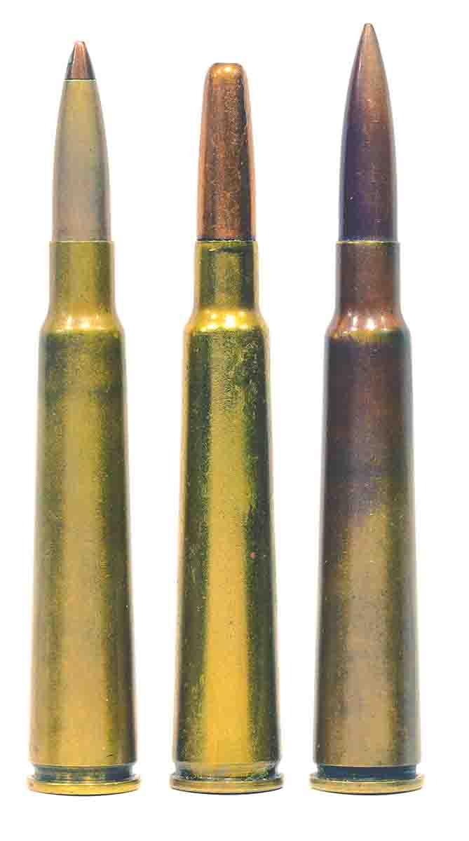 Although the .280 Ross achieved 3,000 fps with a 150-grain bullet, it was more commonly loaded with (left to right): the 140-grain, copper-tube bullet (prompting a patent infringement claim from Westley Richards), the Kynoch 160-grain HP and Ross’ own 180-grain match load.